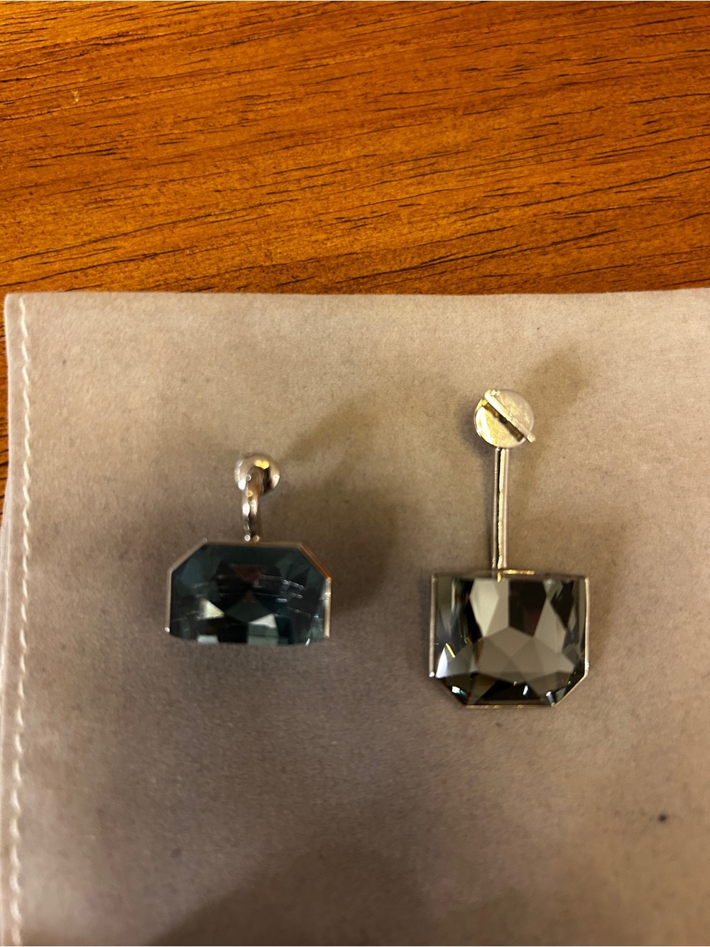 Dior Smoky Gray and blue high low Faceted Crystal Drop Earrings. 100% Authentic!